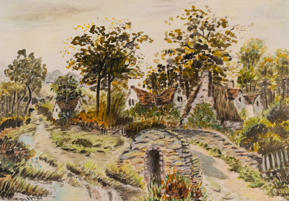 Vintage French Art | Village w Bridge | Framed