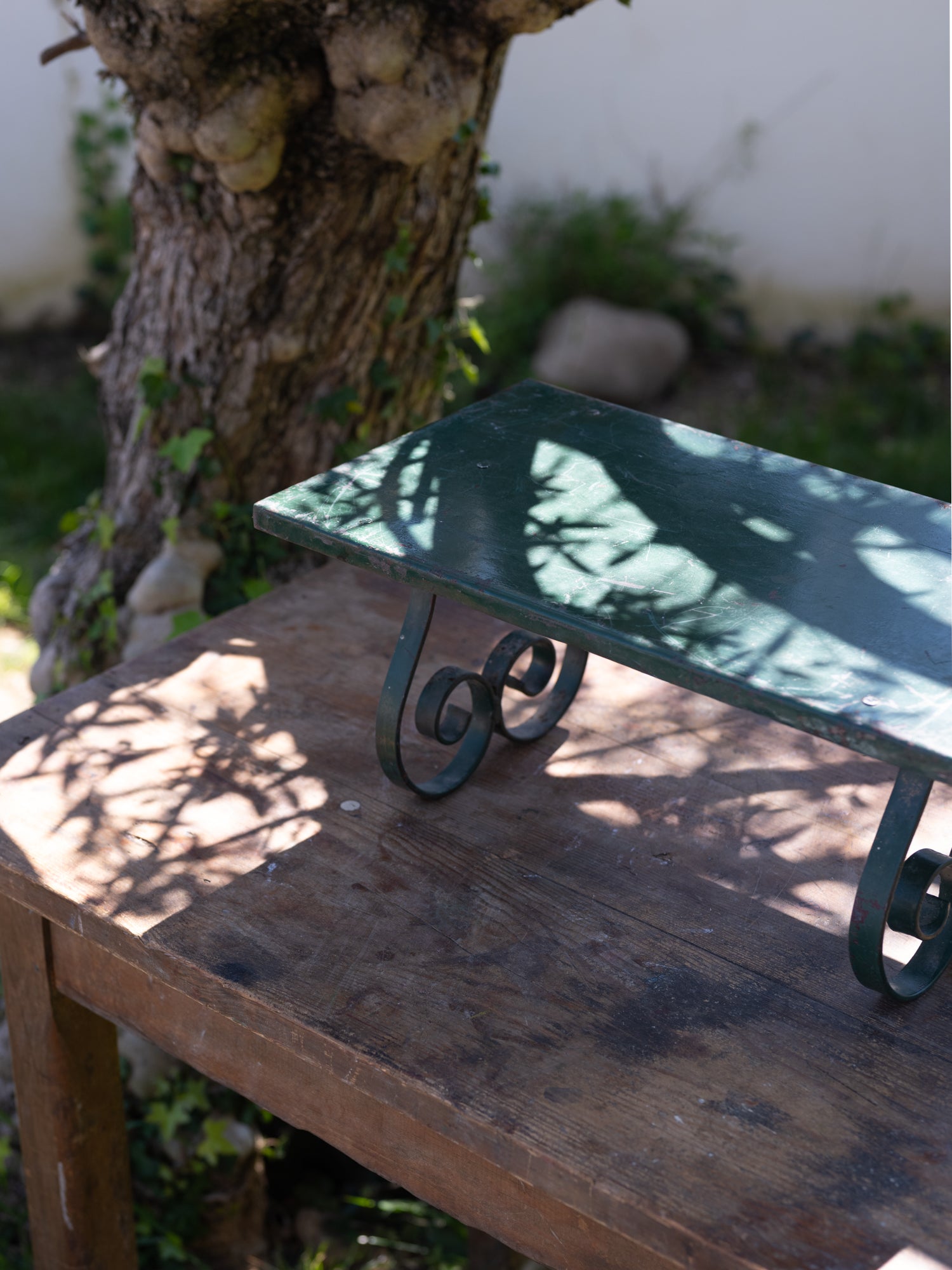 Vintage French Stool | Green Metal w/Spiral Legs