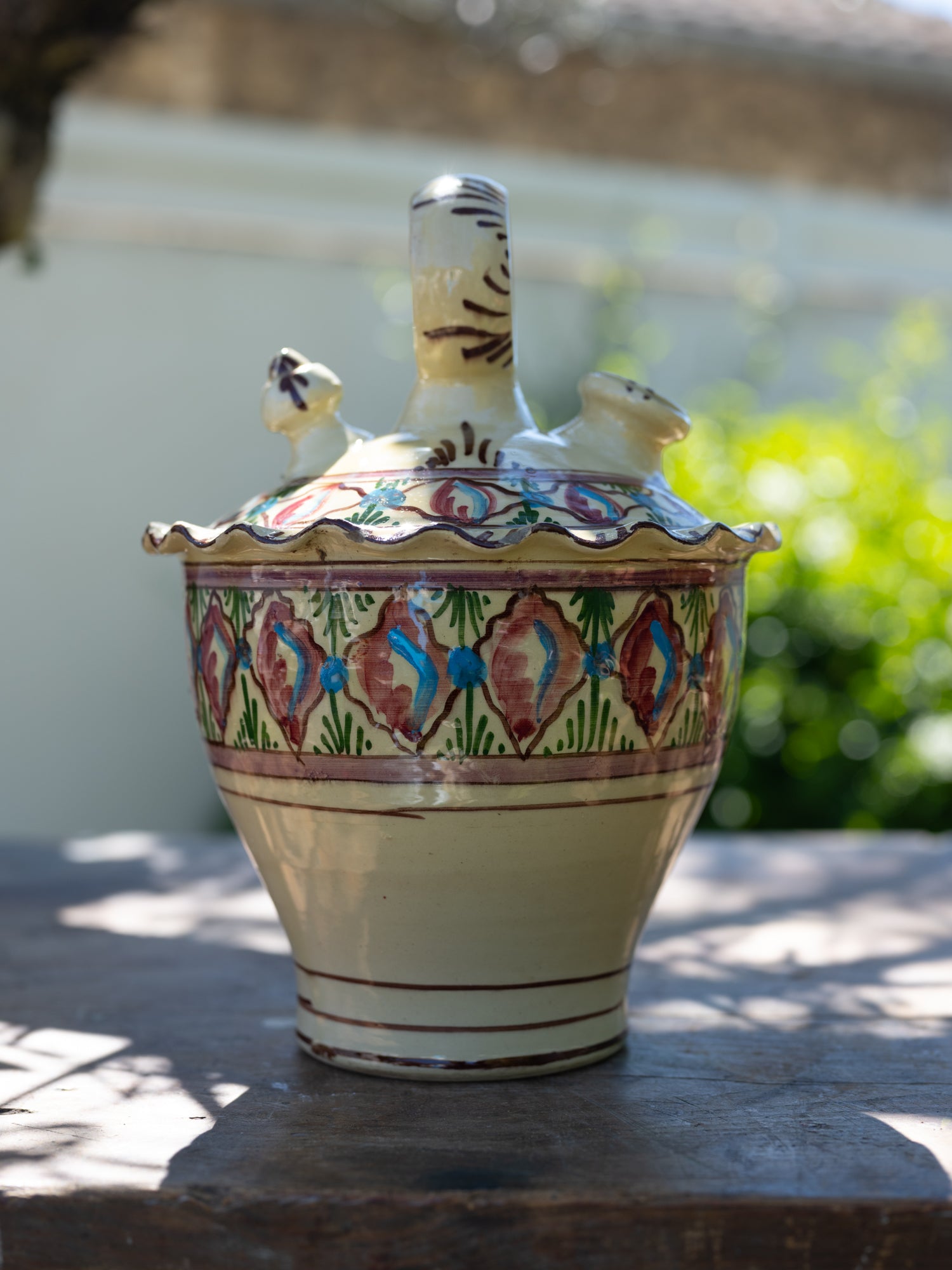 Vintage Mediterranean Water Jug | Handpainted Ruffle Rim