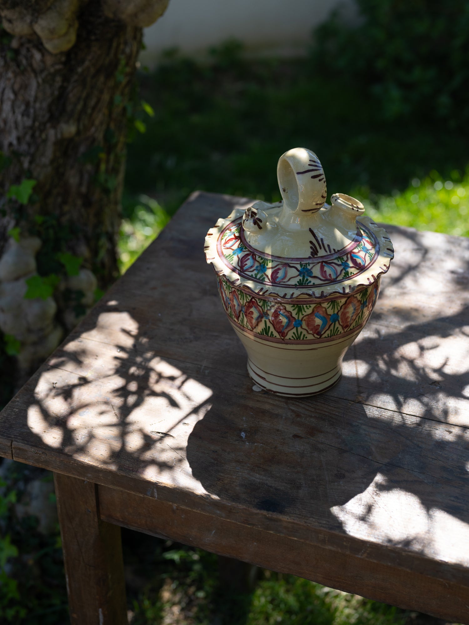 Vintage Mediterranean Water Jug | Handpainted Ruffle Rim