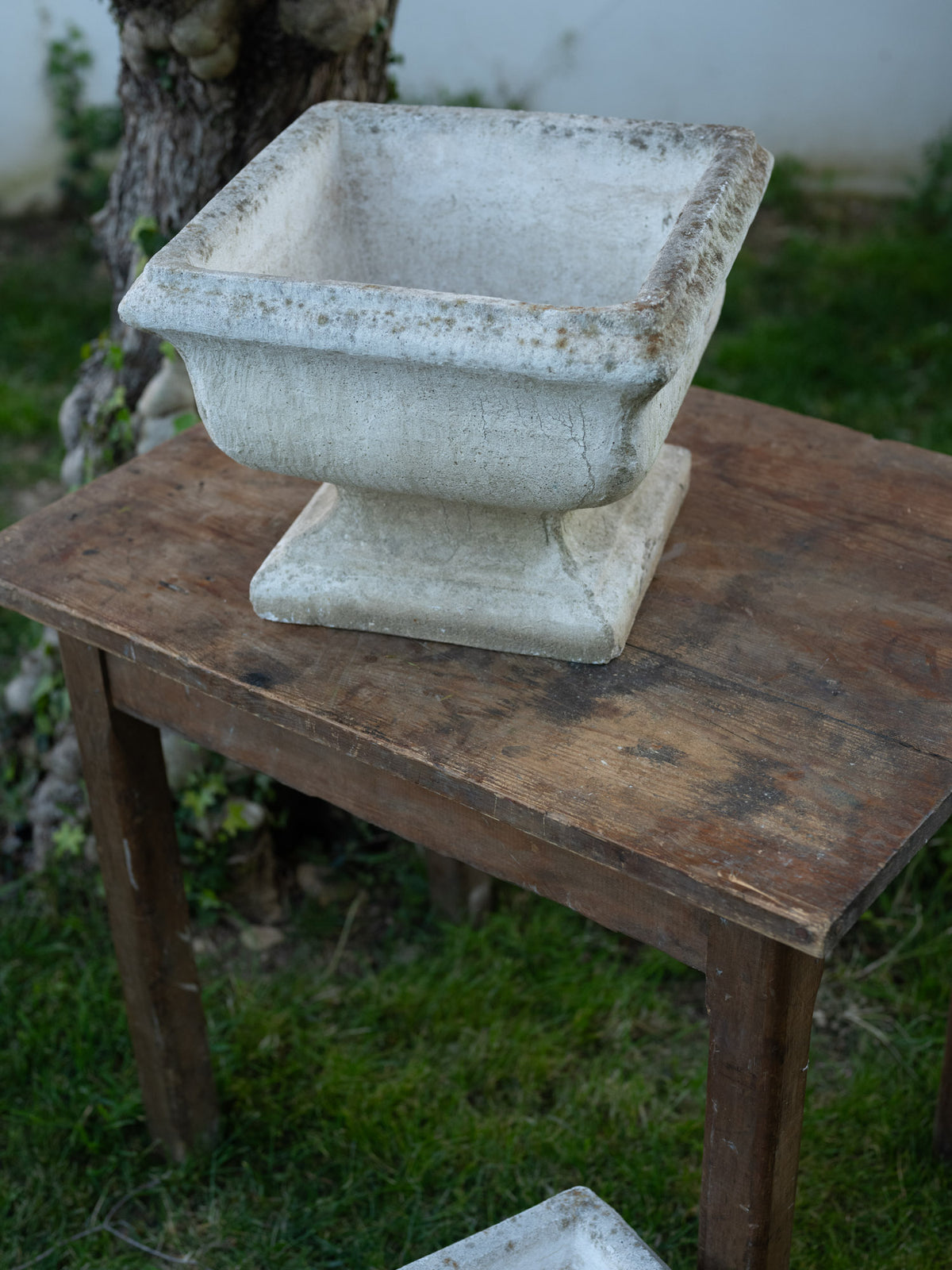 Vintage French Cast Stone Square Pedestal Planter