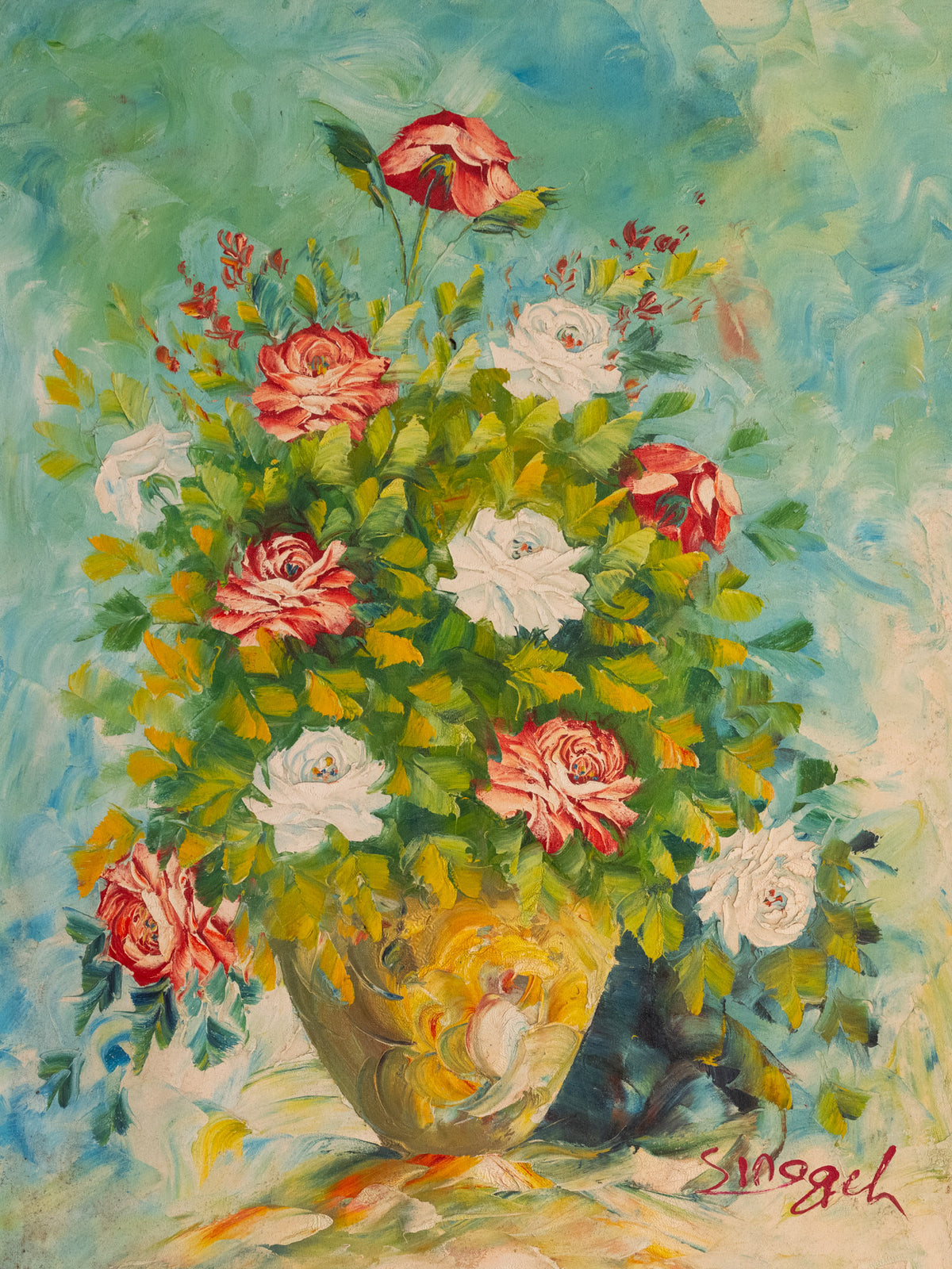 Vintage French Art | Red and White Roses in Vase