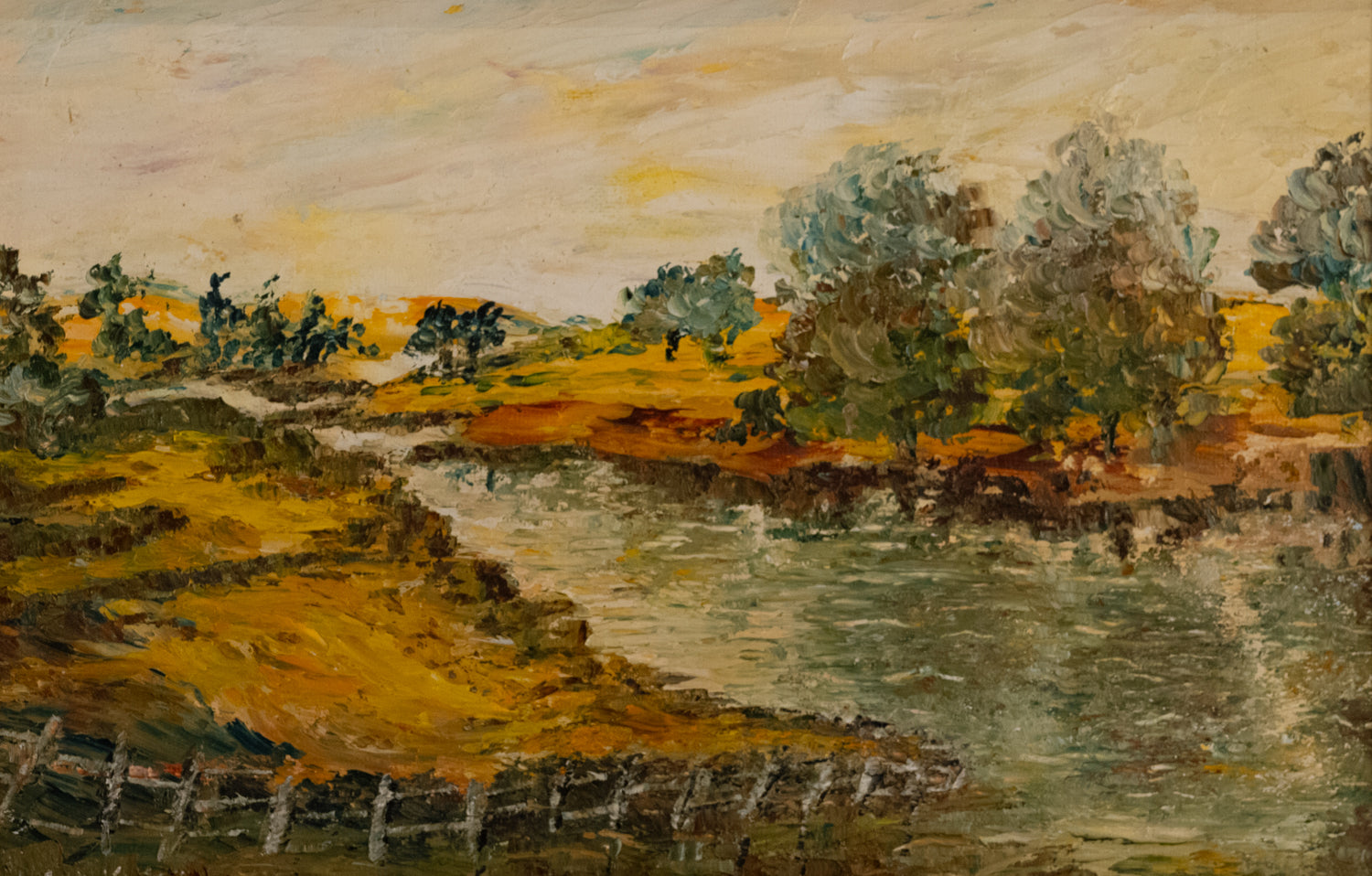 Vintage French Art | Janine | Fence w River Bank| Framed