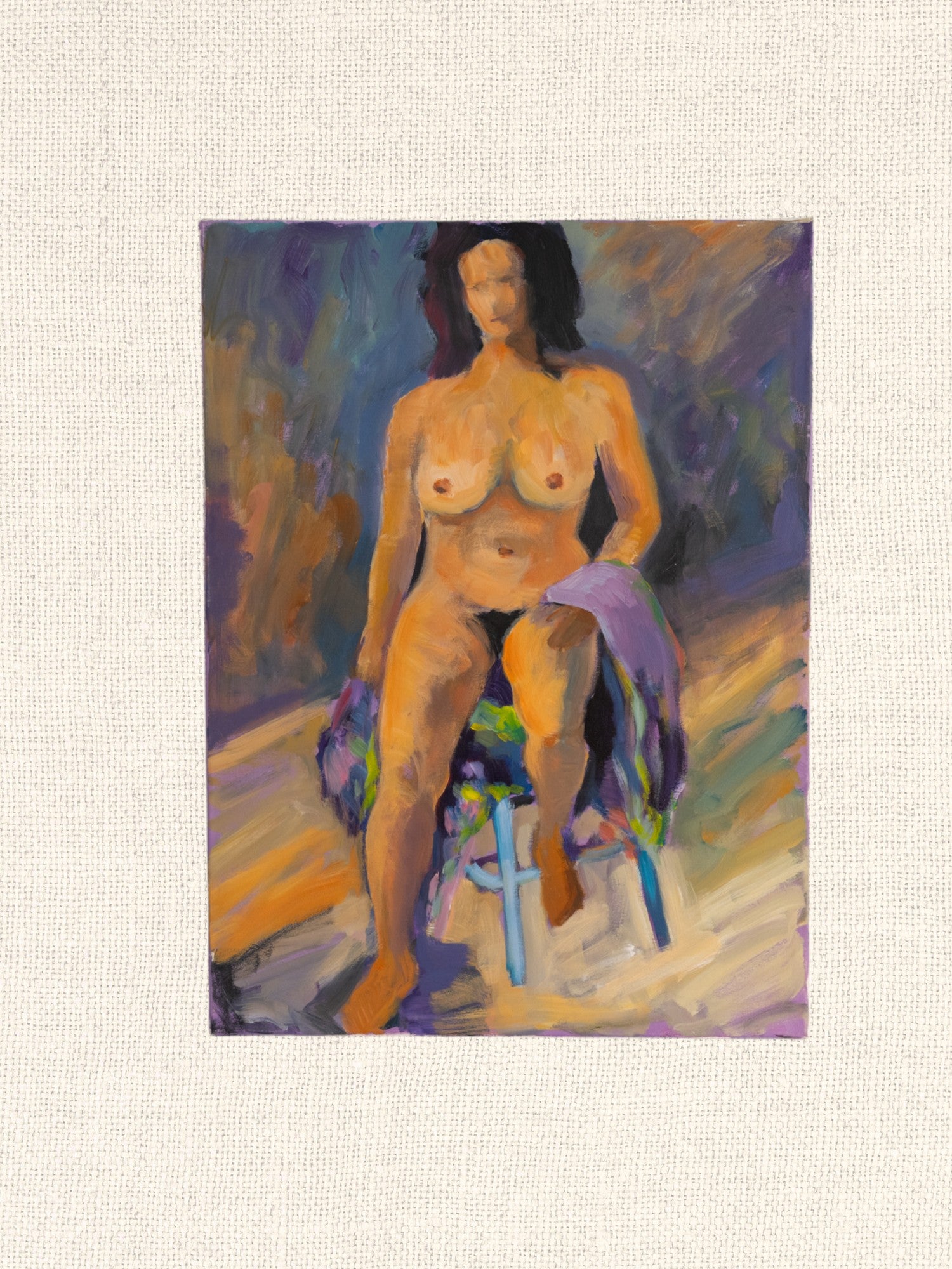 Vintage French Art | Nude Woman on Blue Stool | Canvas