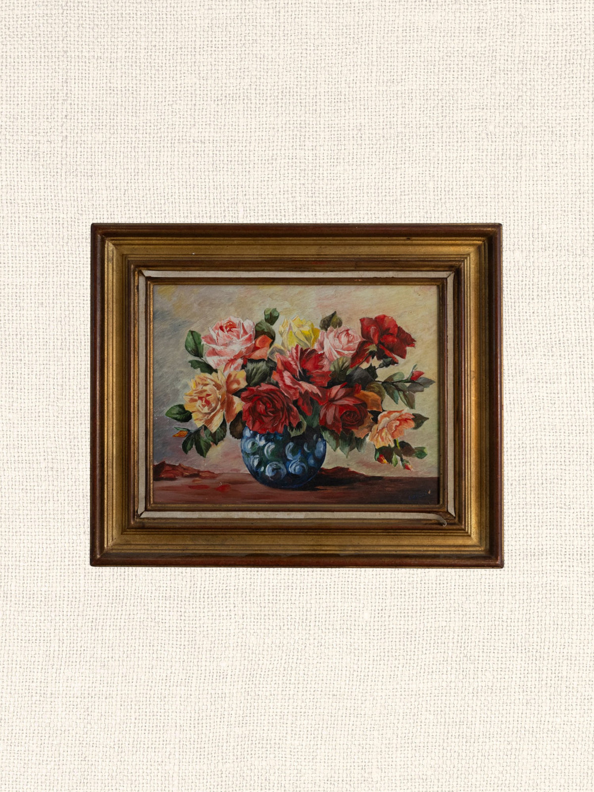 Vintage French Art | Roses in Blue Bowl | Framed