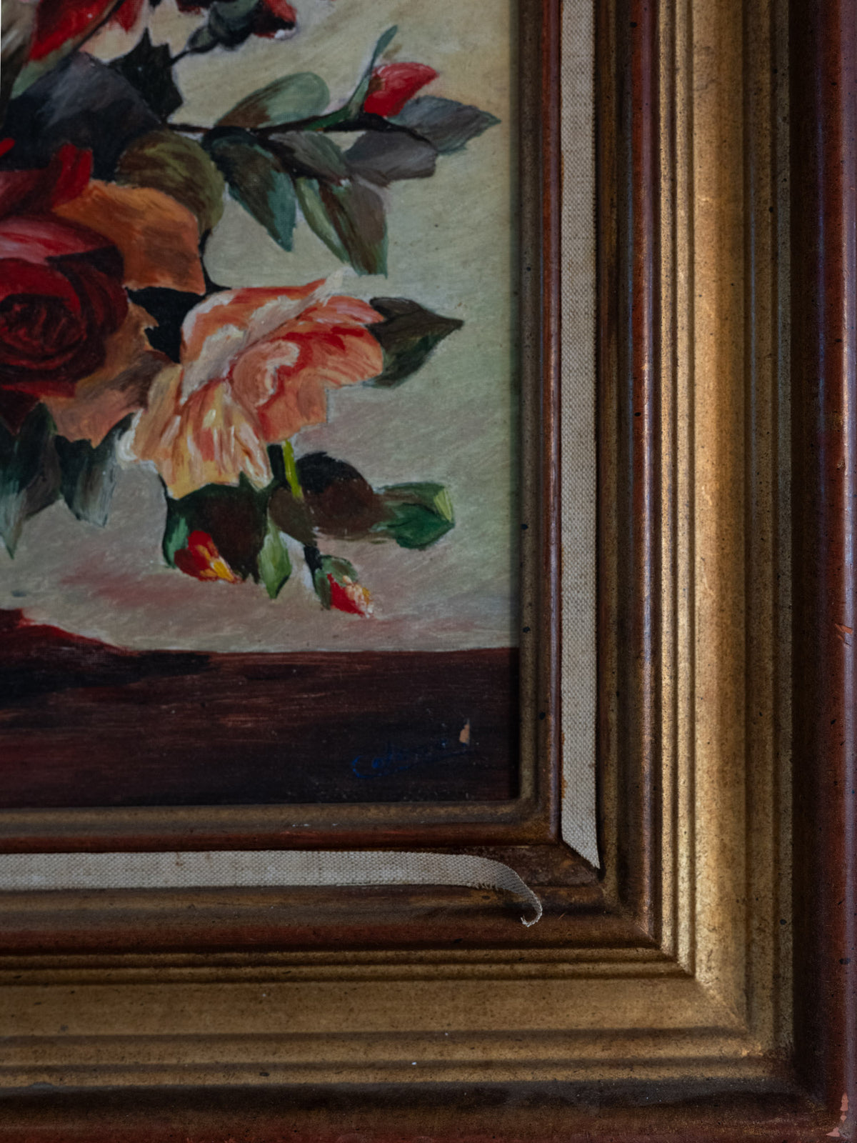 Vintage French Art | Roses in Blue Bowl | Framed