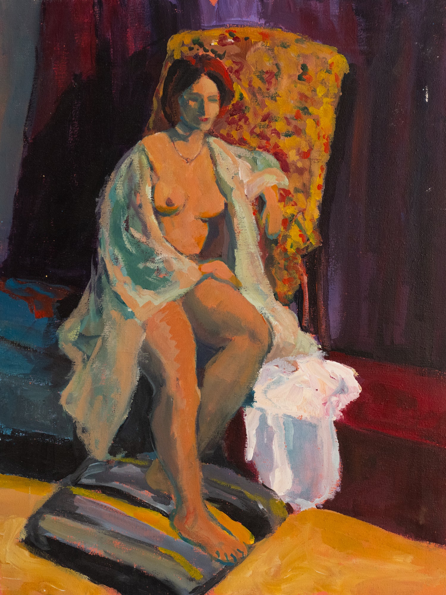Vintage French Art | Nude Woman w/ White Shawl | Canvas