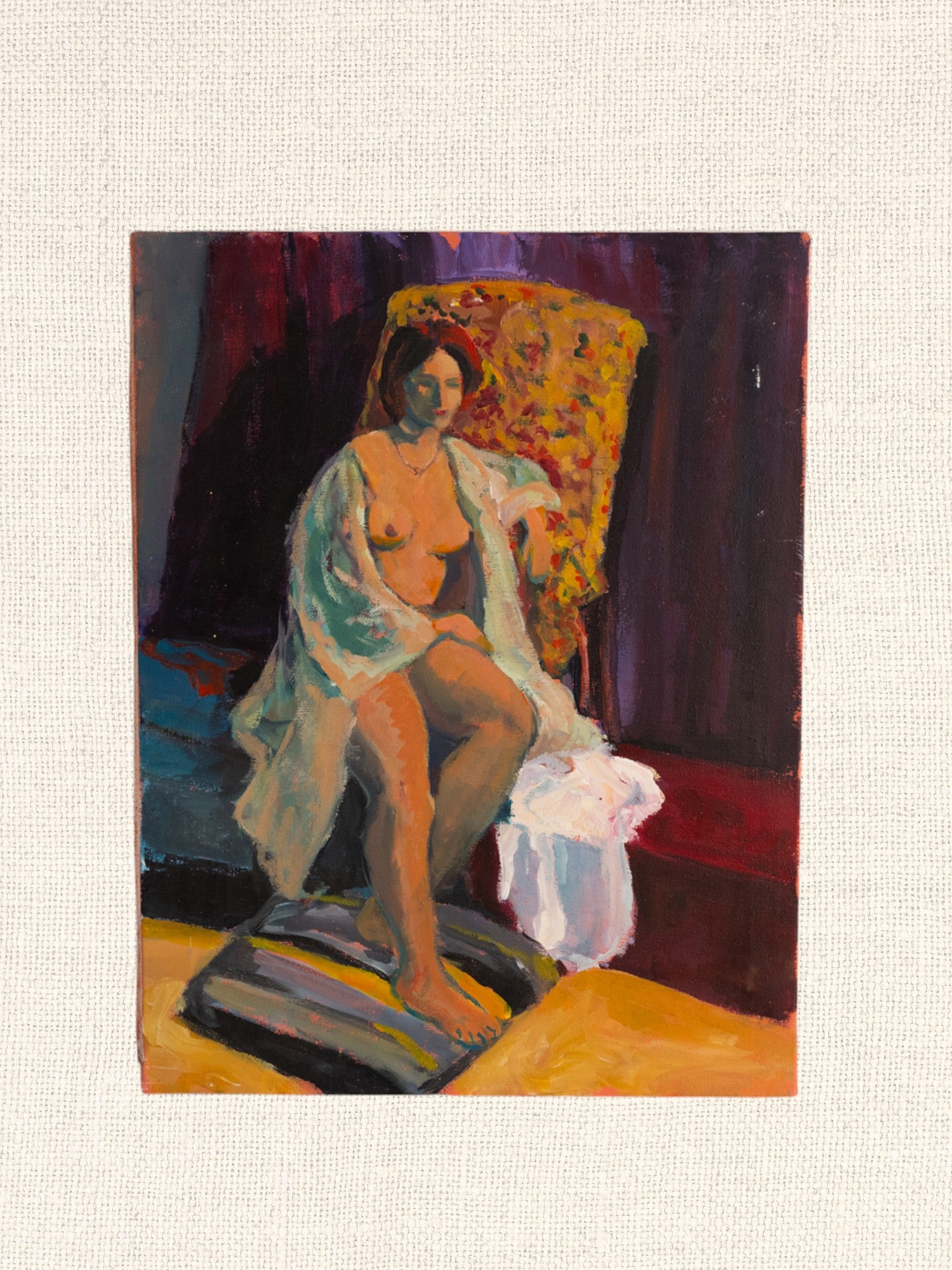 Vintage French Art | Nude Woman w/ White Shawl | Canvas