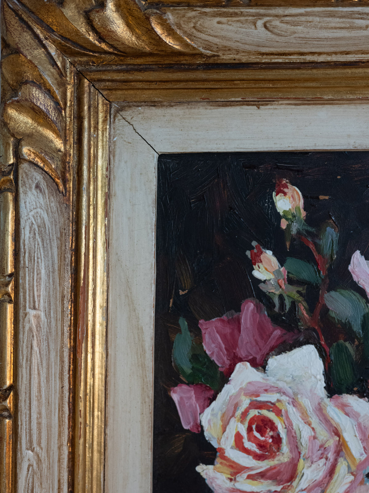 Vintage French Art | Pink Roses in Grey Vase | Framed