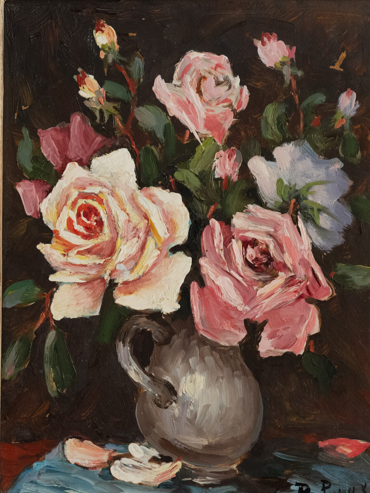 Vintage French Art | Pink Roses in Grey Vase | Framed