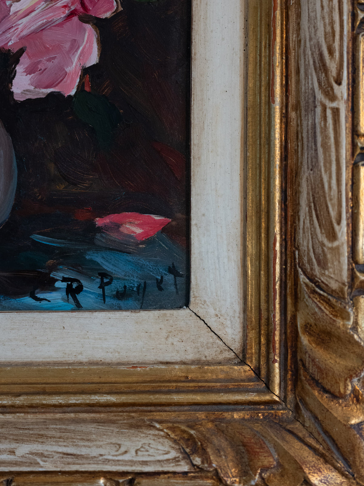 Vintage French Art | Pink Roses in Grey Vase | Framed