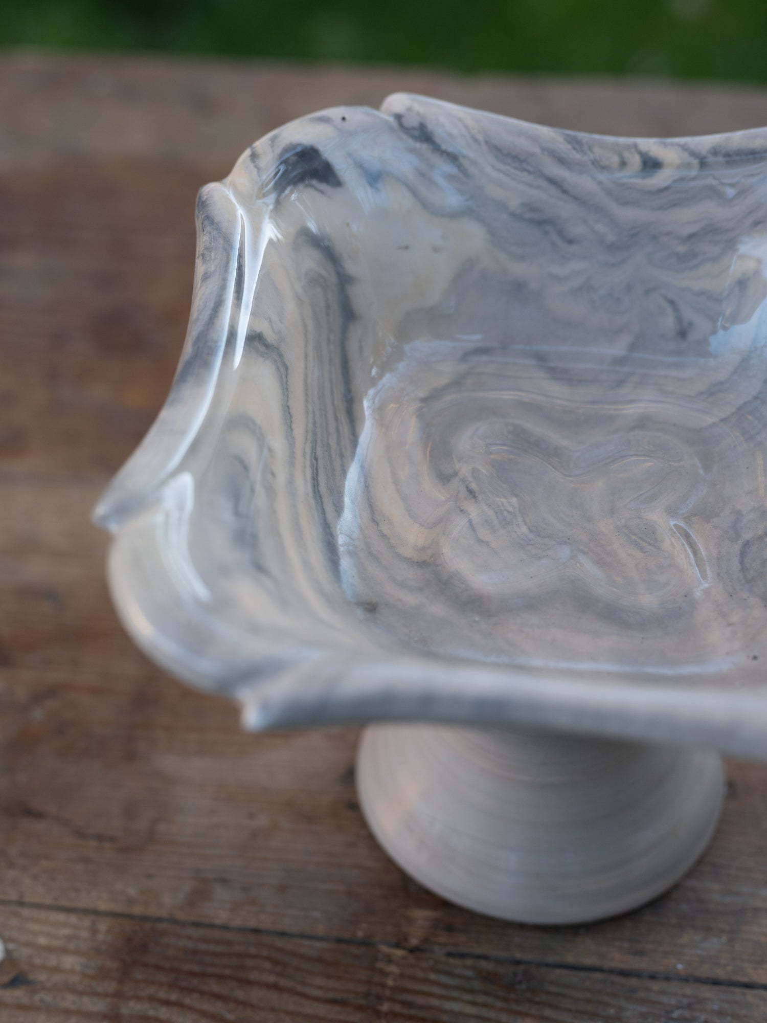 Vintage French Marblized Ceramic Pedestal Bowl