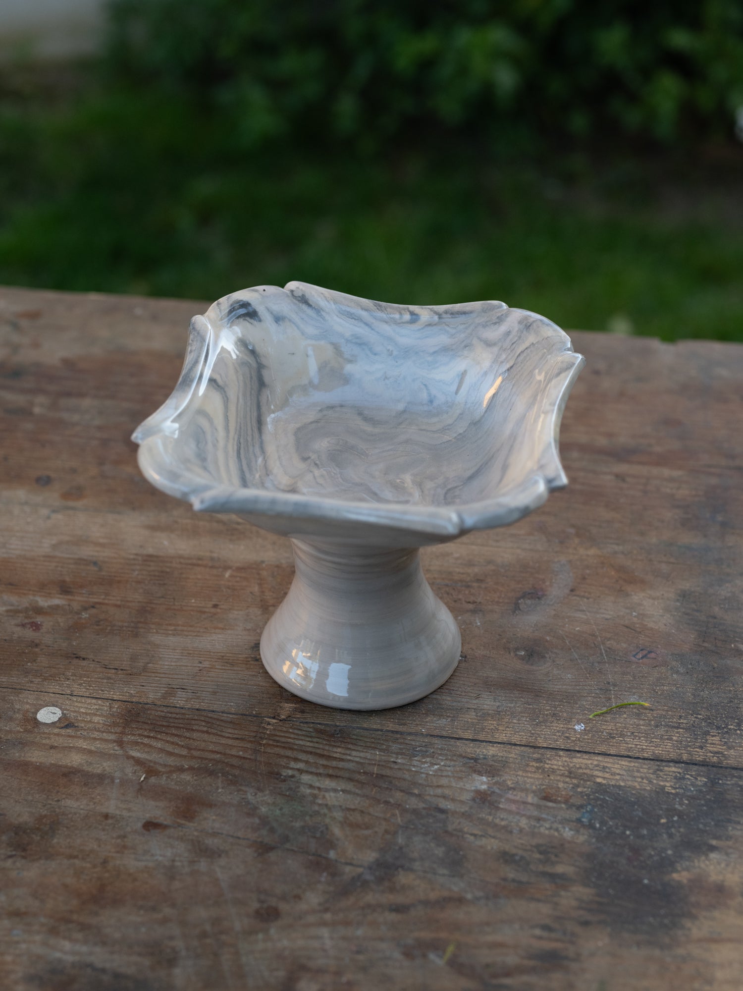 Vintage French Marblized Ceramic Pedestal Bowl