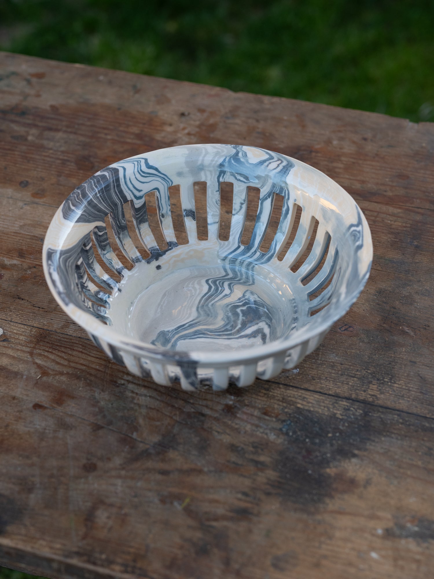 Vintage French Marblized Ceramic Slitted Bowl | Blacks