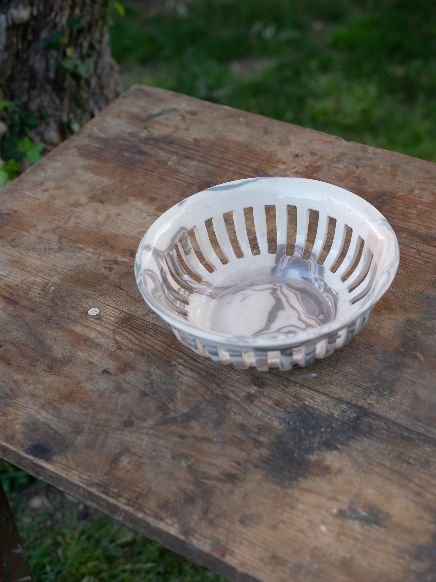 Vintage French Marblized Ceramic Slitted Bowl | Grays