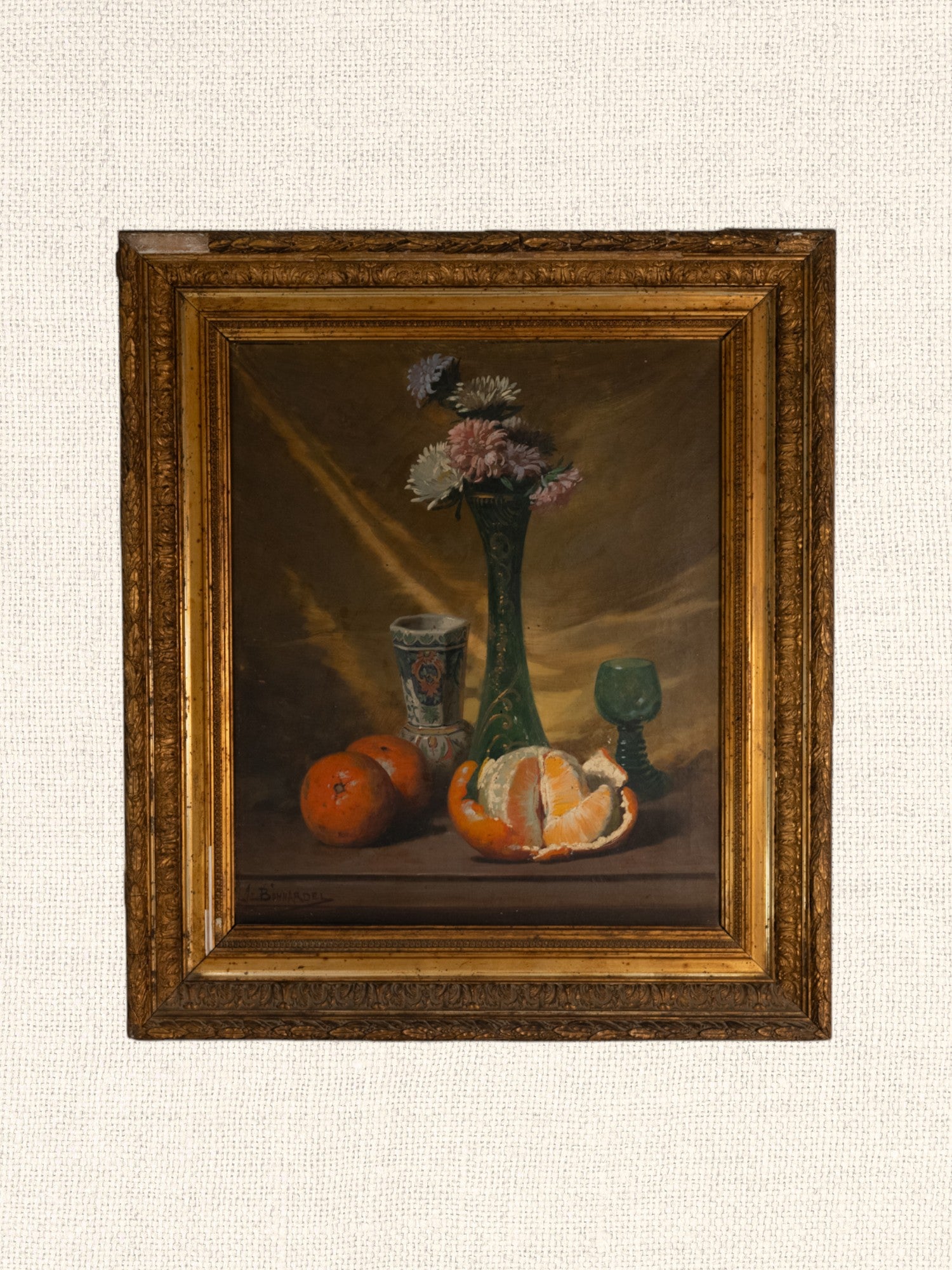 Vintage French Art | Flower and Orange | Oil | Framed