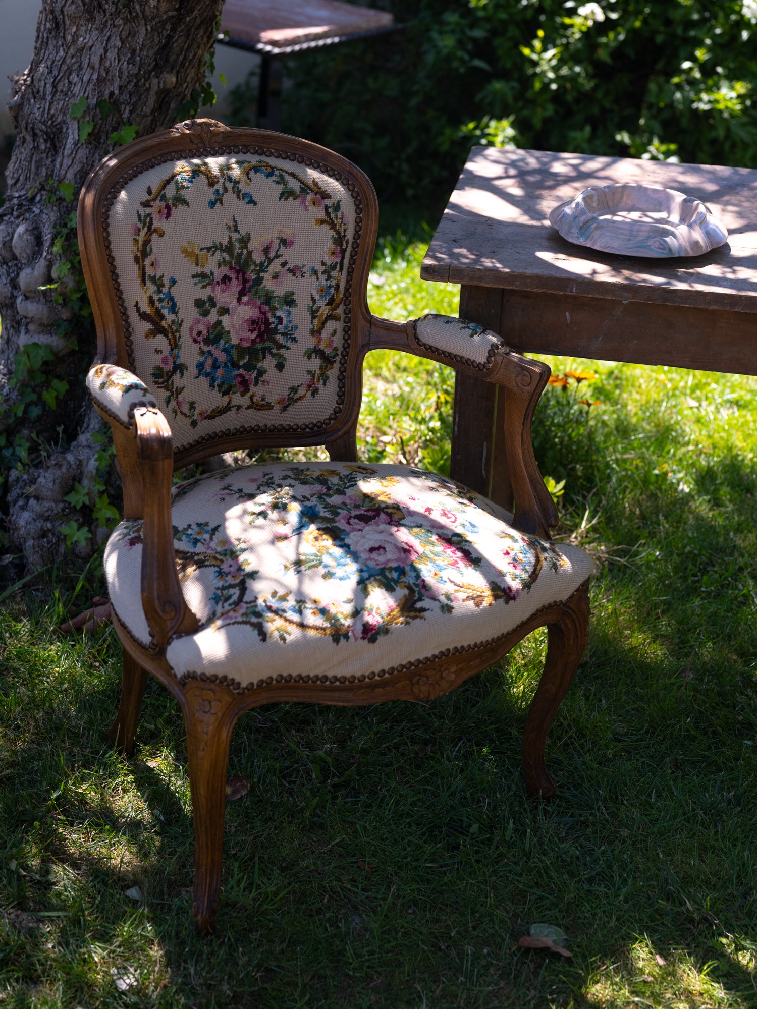 Vintage French Floral Embroidered Arm Chair