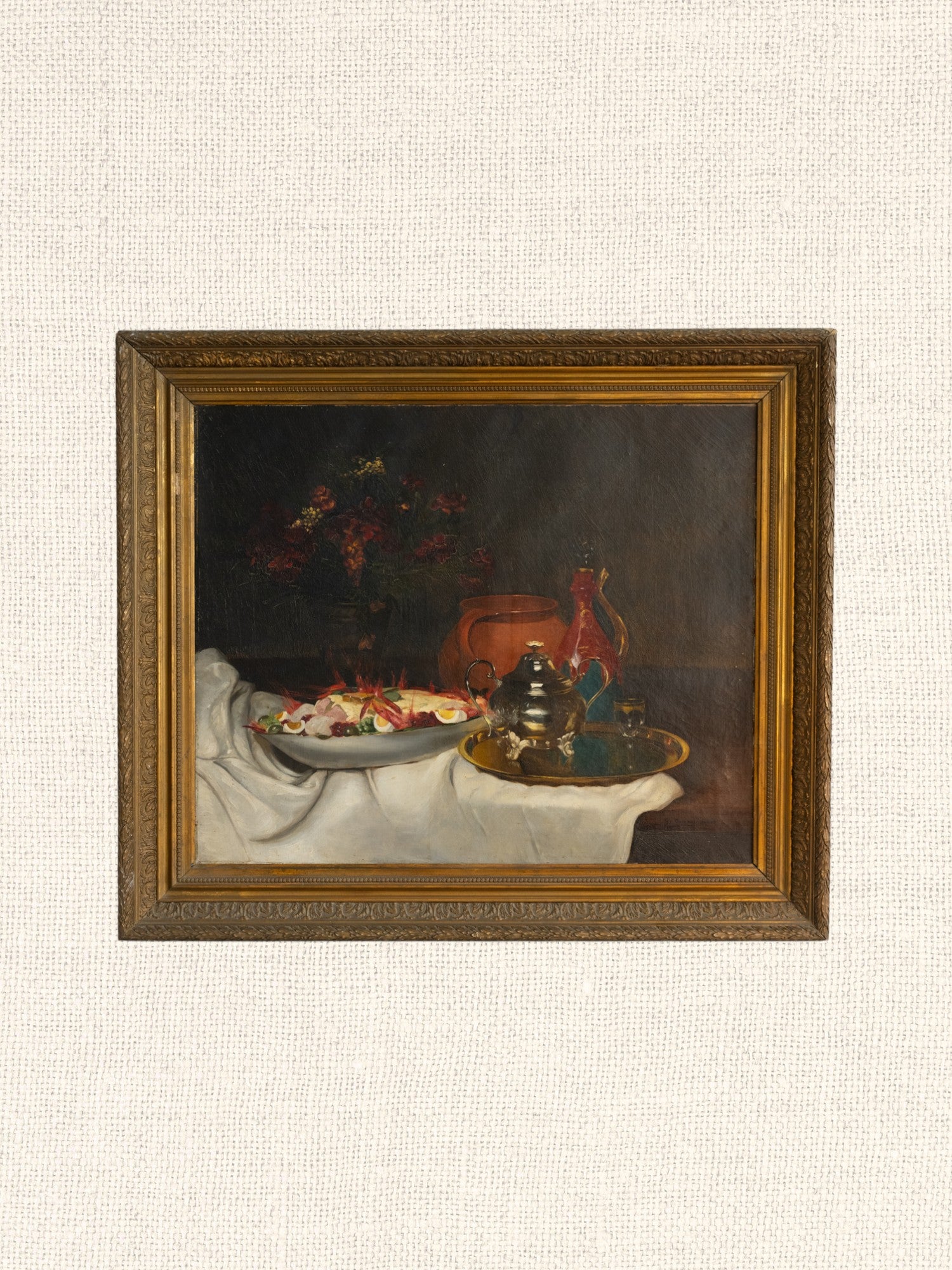 Vintage French Art | Shrimp & Boiled Eggs | Oil | Framed