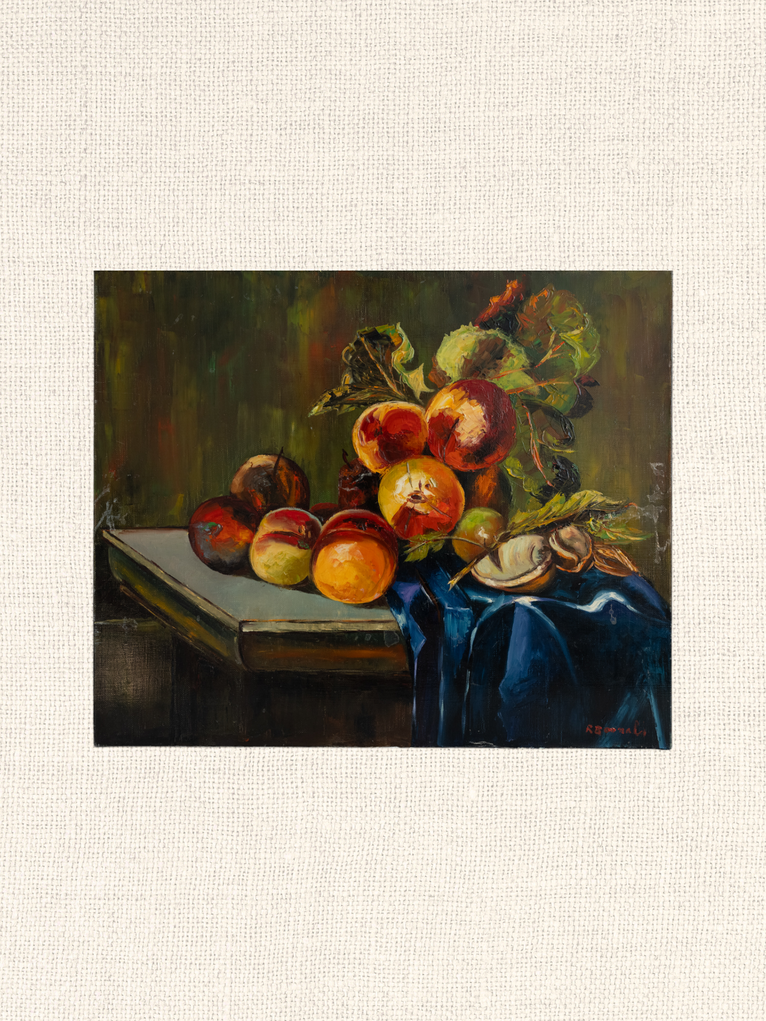 Vintage French Art | Fruit on a Blue Tablecloth | Oil
