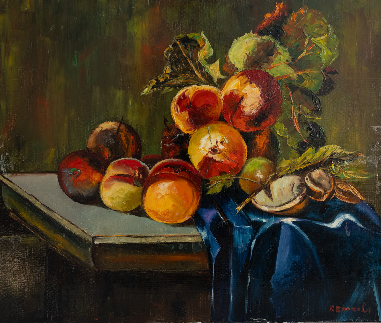 Vintage French Art | Fruit on a Blue Tablecloth | Oil