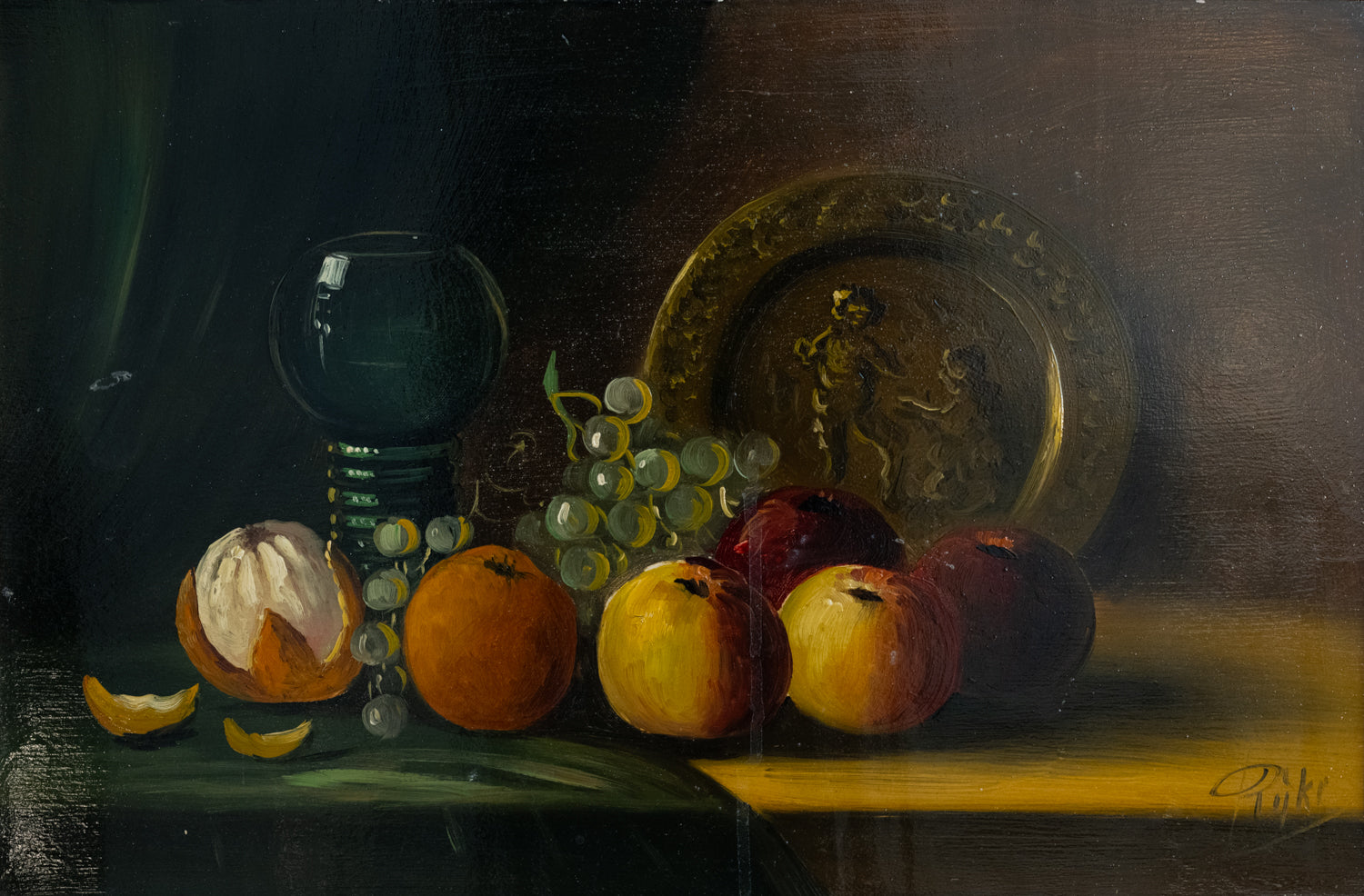 Vintage French Art | Green Goblet & Fruit | Oil | Framed