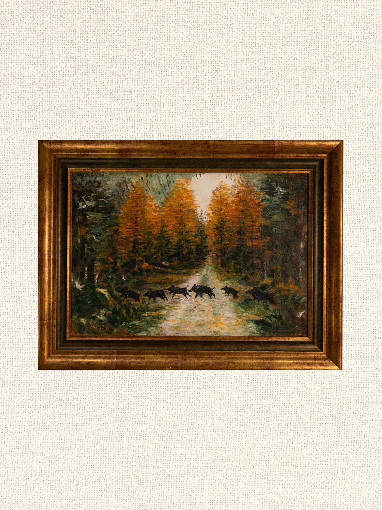 Vintage French Art | Wild Boars Crossing| Oil | Framed