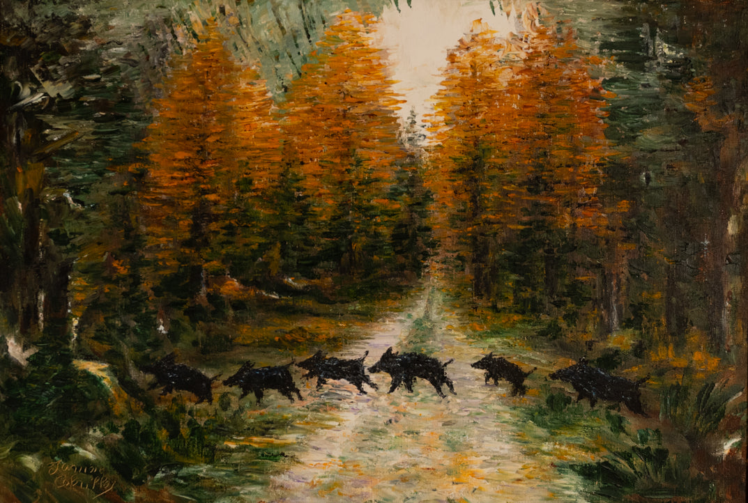 Vintage French Art | Wild Boars Crossing| Oil | Framed