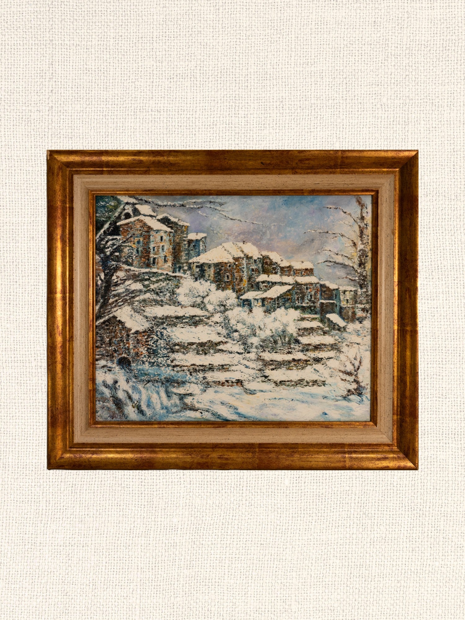 Vintage French Art | Village Snowed In | Oil | Framed