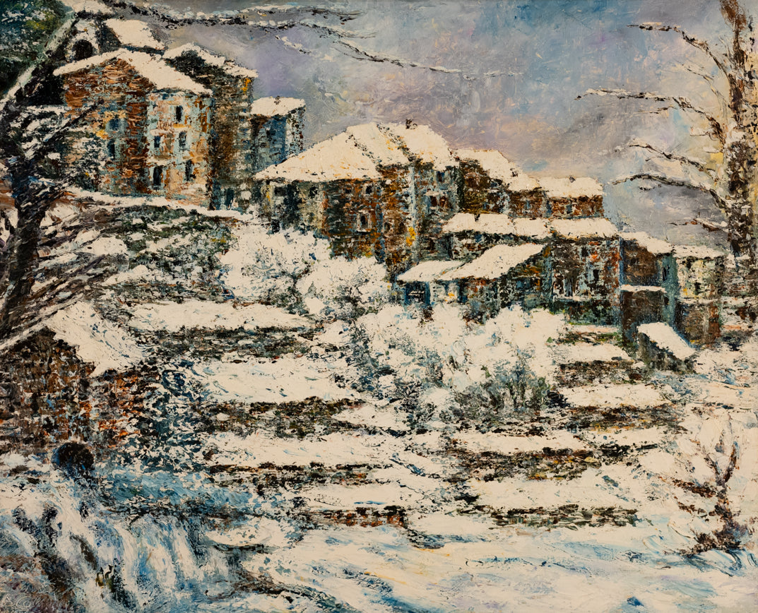 Vintage French Art | Village Snowed In | Oil | Framed