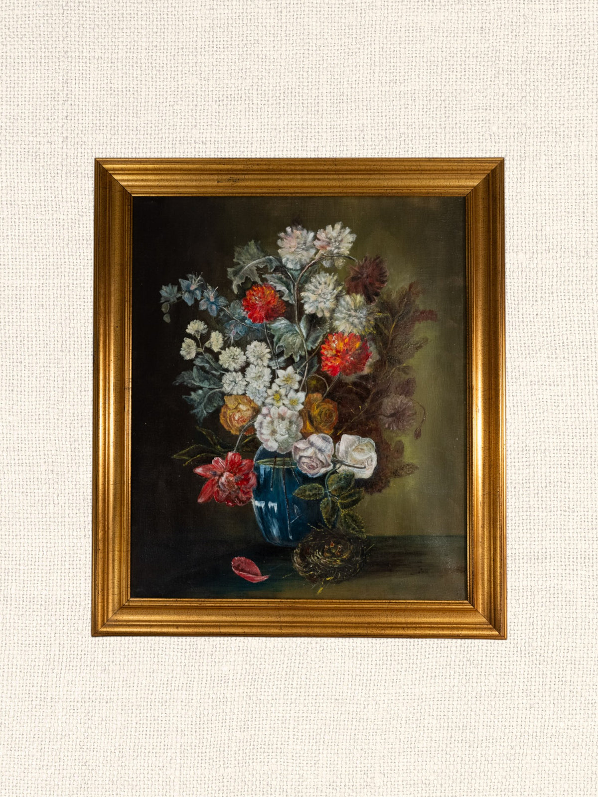 Vintage French Art | Flowers in Blue Vase | Framed