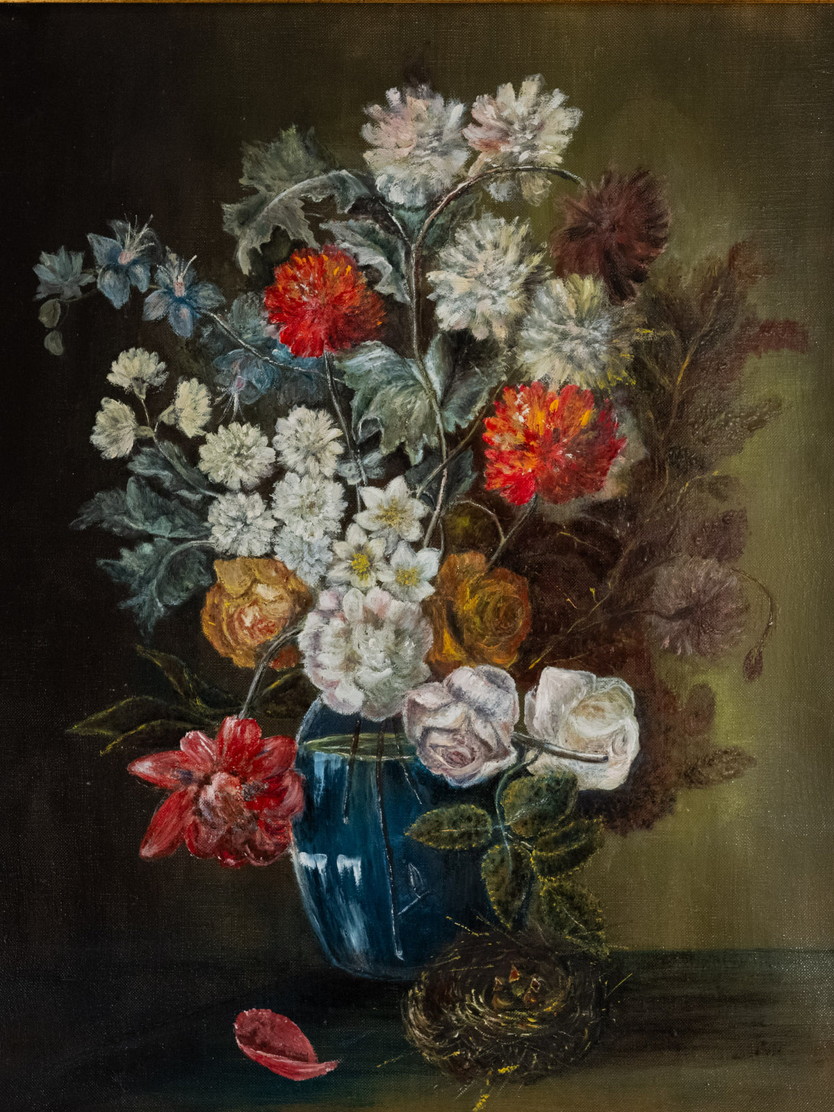 Vintage French Art | Flowers in Blue Vase | Framed