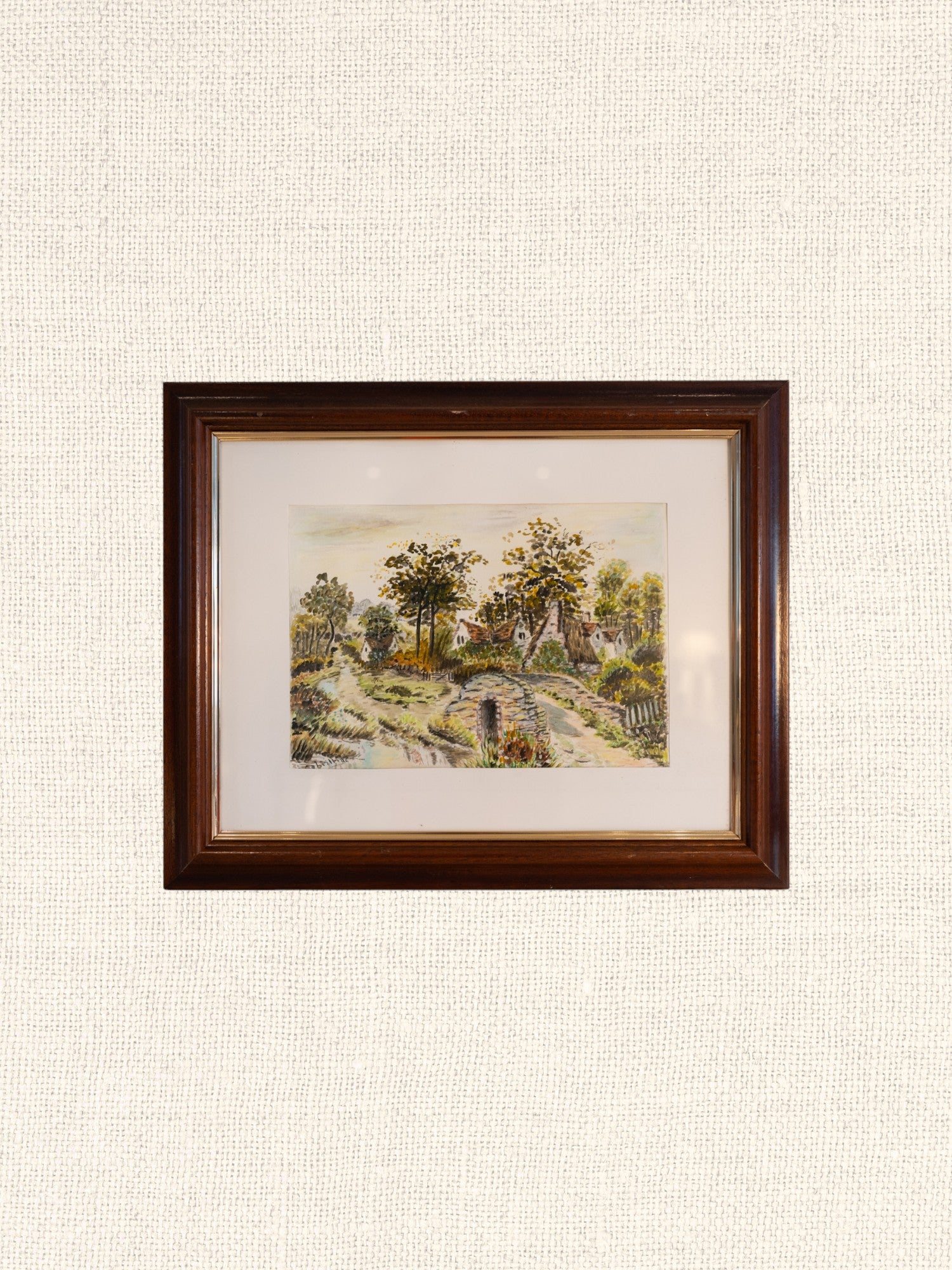 Vintage French Art | Village w Bridge | Framed