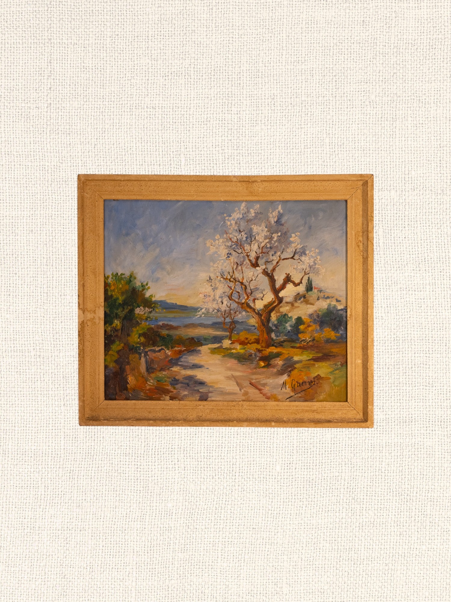 Vintage French Art | Tree with White Blooms | Framed