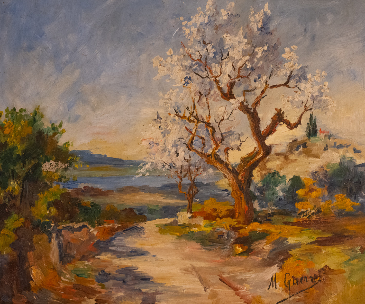 Vintage French Art | Tree with White Blooms | Framed
