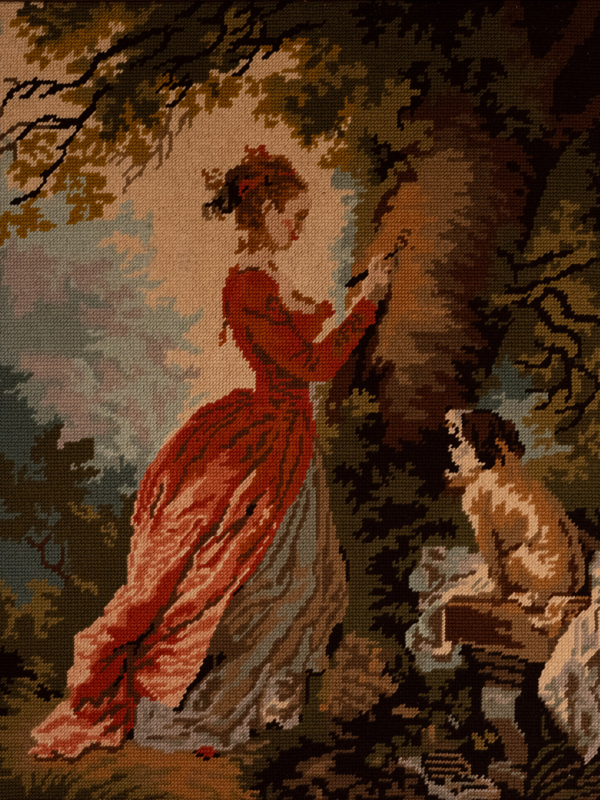 Vintage French Art | Embroidered Woman in Red Dress | Framed