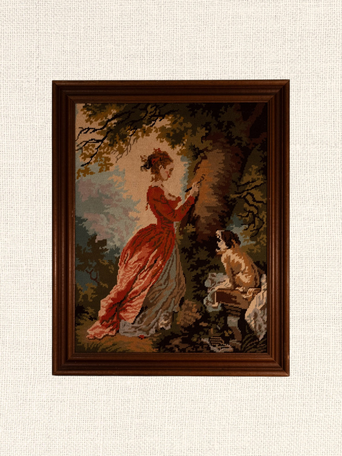 Vintage French Art | Embroidered Woman in Red Dress | Framed