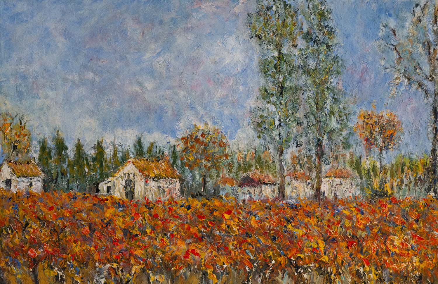 Vintage French Art | Impressionist Golden Field w/ White Houses