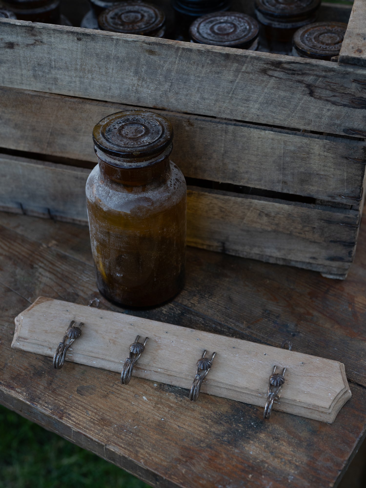 Vintage French Metal Hooks on Wood