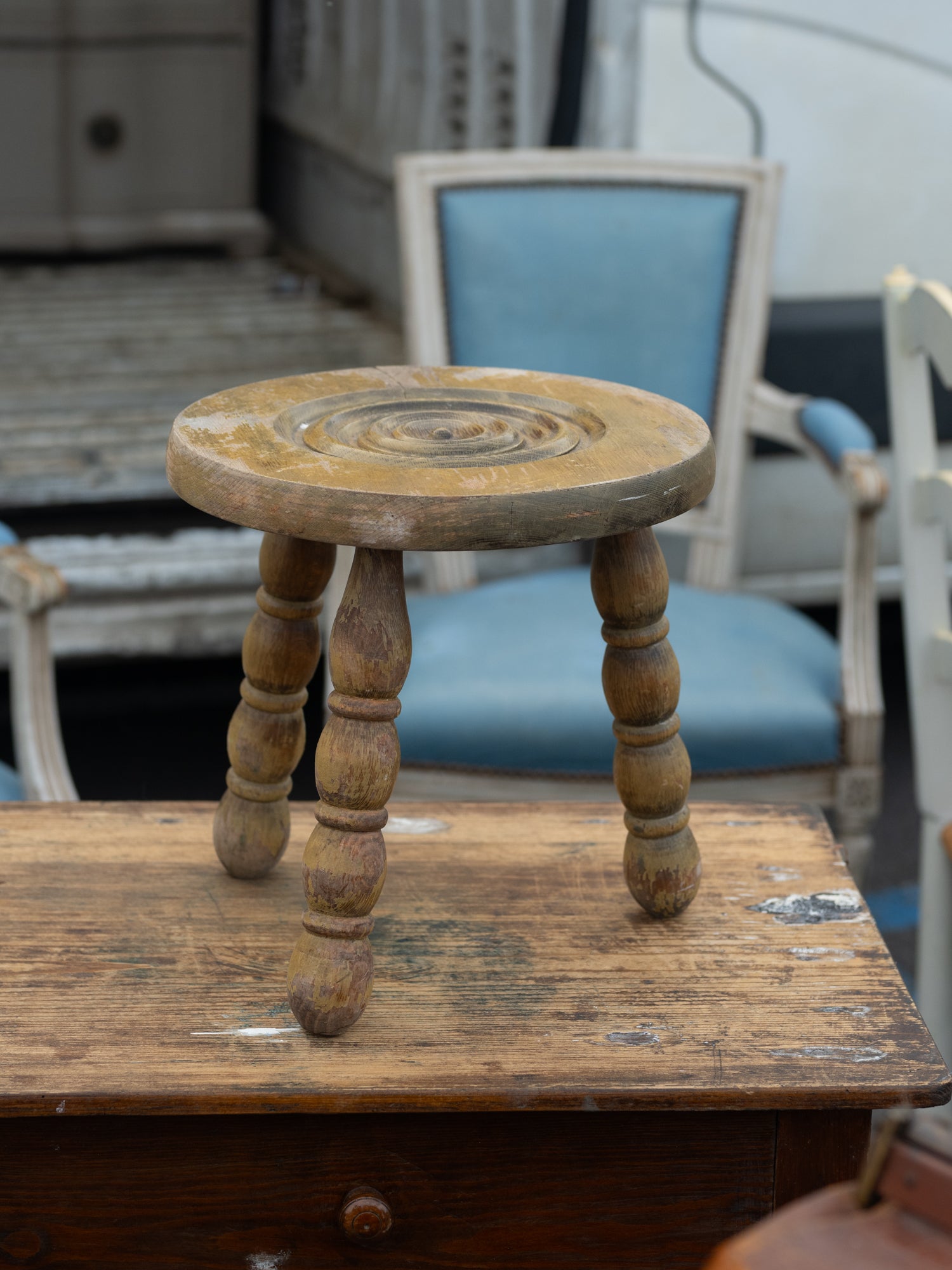 Vintage French Stool | Carved Circular