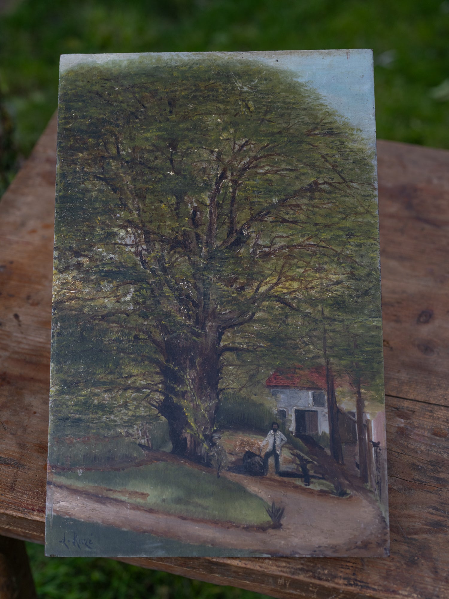 Vintage French Art | Large Tree w/Man on Canvas