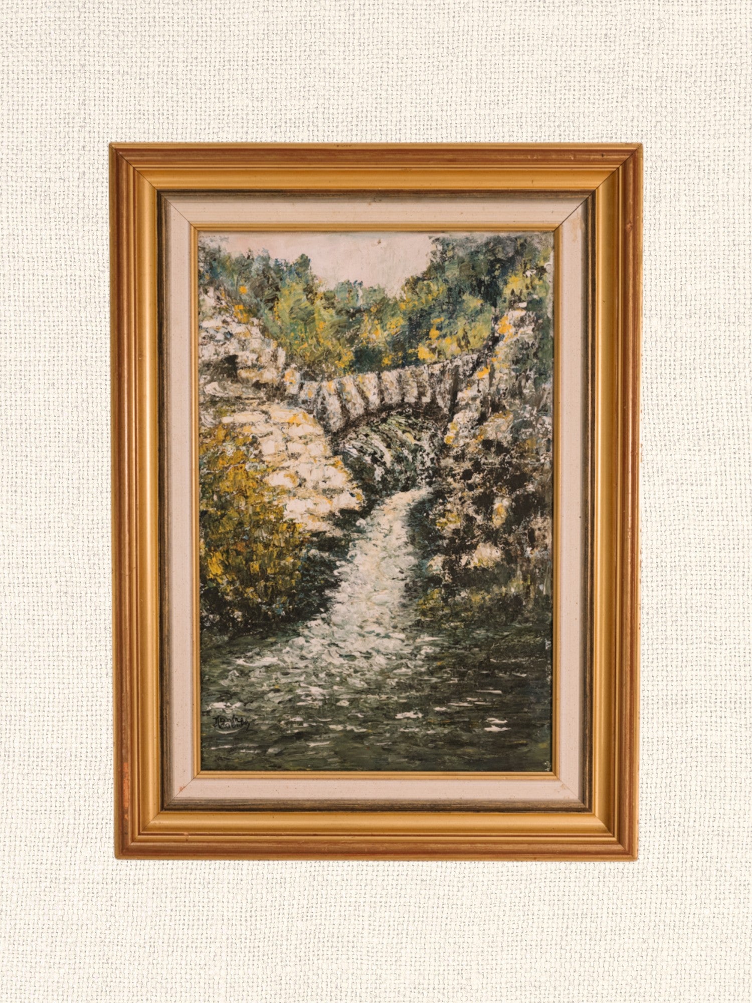 Vintage French Art | Janine | Stone Bridge River | Framed
