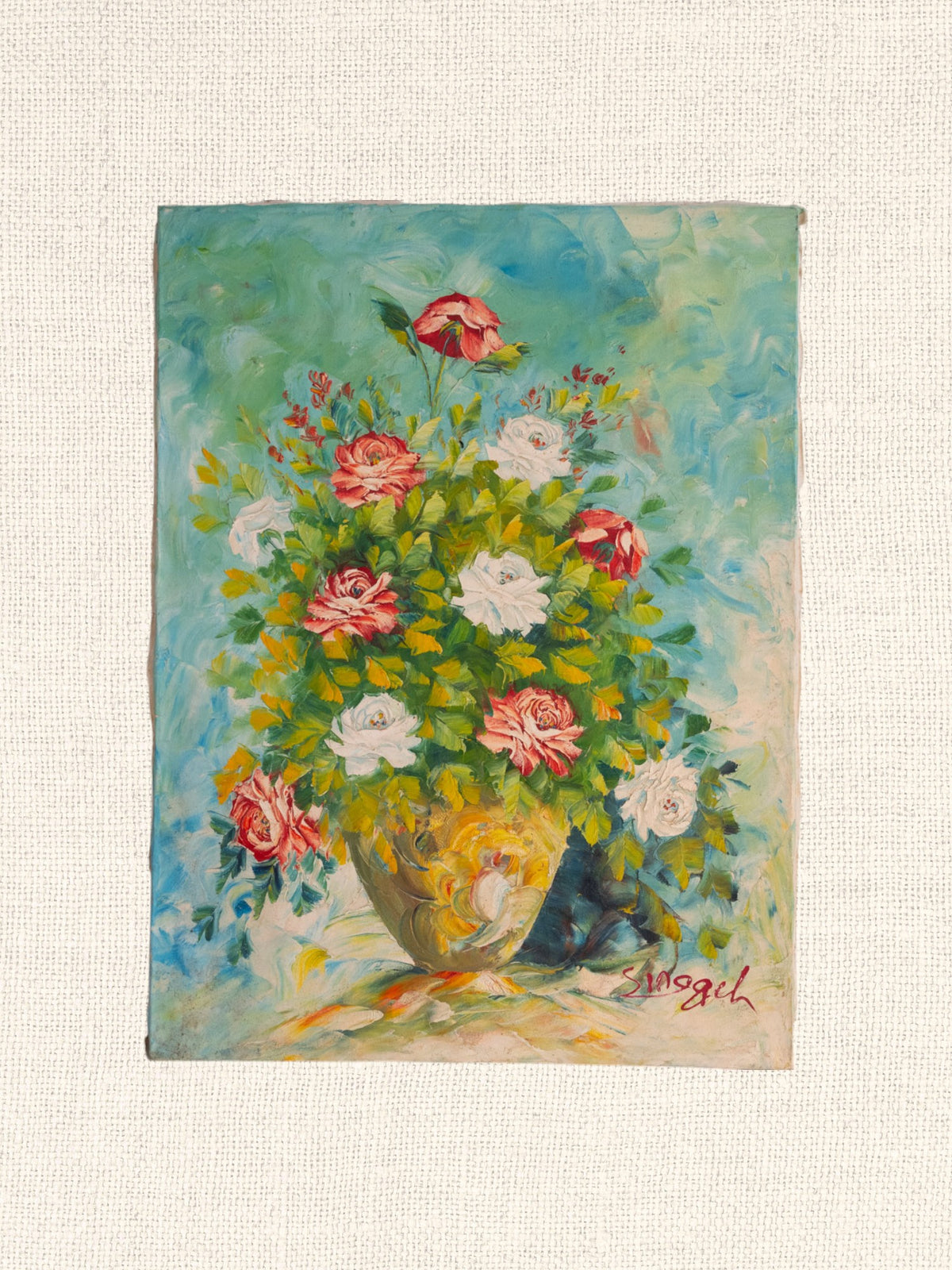 Vintage French Art | Red and White Roses in Vase