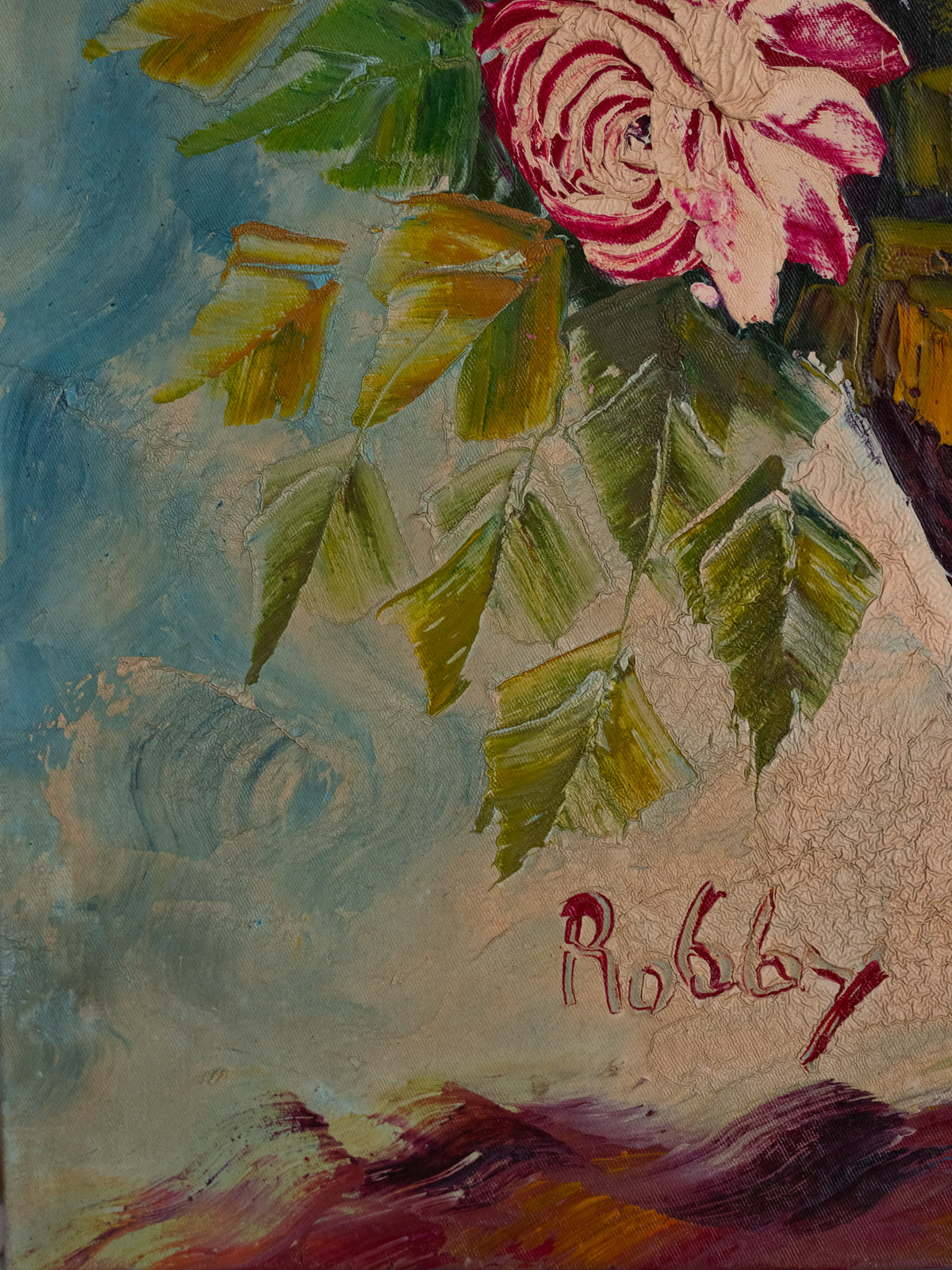 Vintage French Art | White w/ Fuschia Roses in Vase