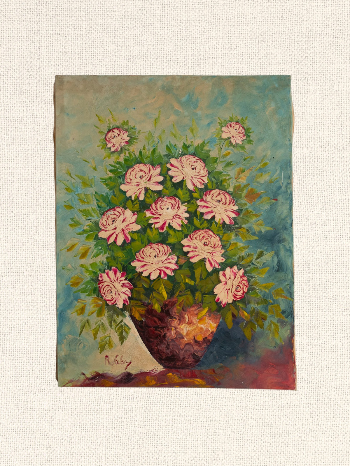 Vintage French Art | White w/ Fuschia Roses in Vase