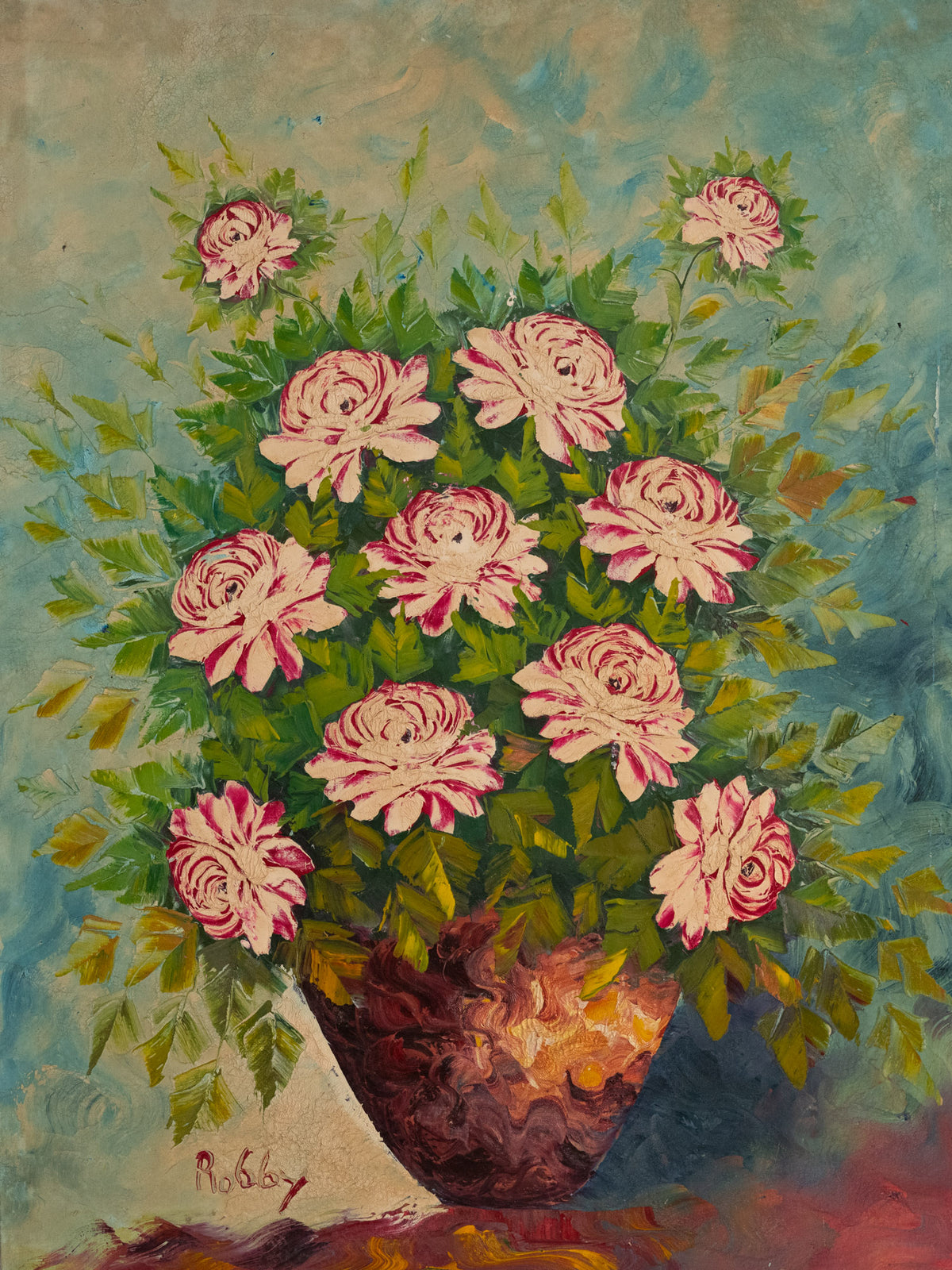 Vintage French Art | White w/ Fuschia Roses in Vase