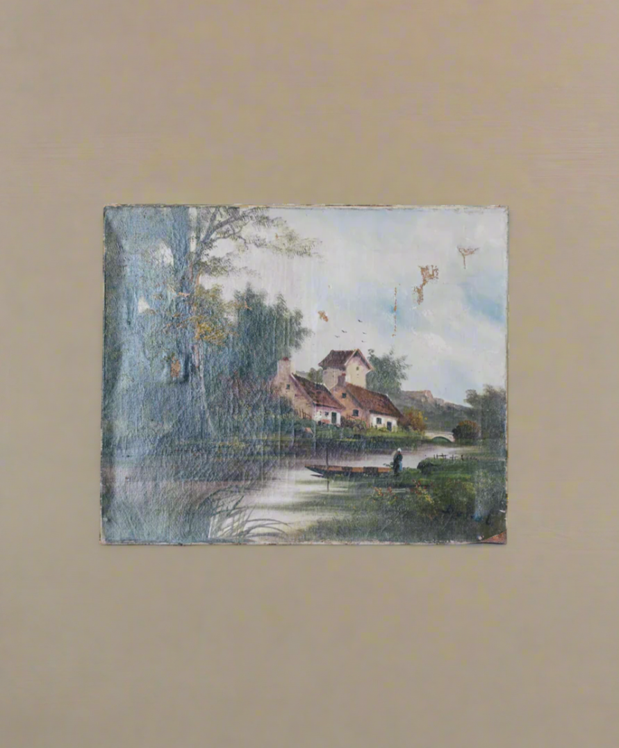 Vintage European Painting | House by the Creek