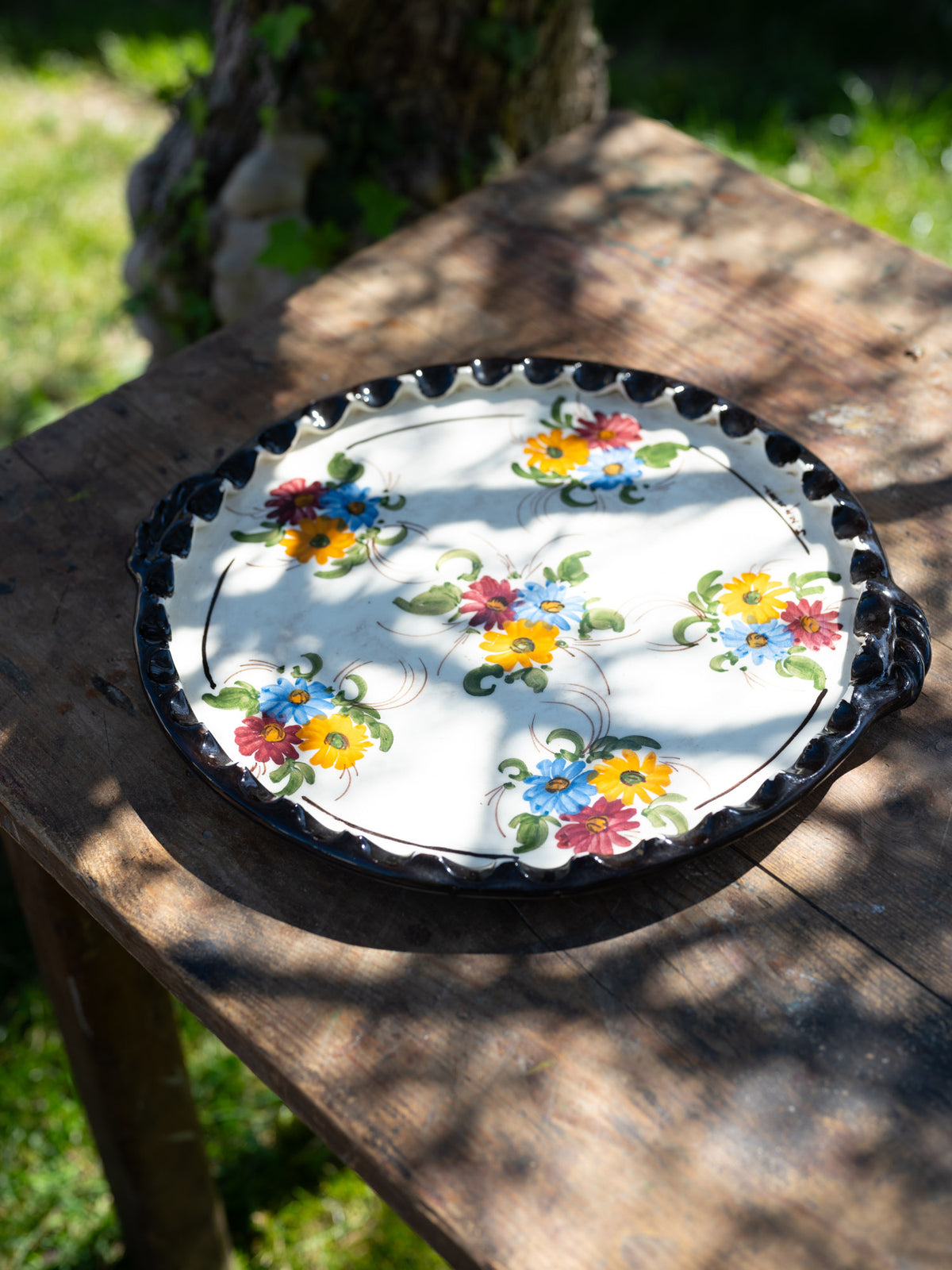 Vintage French Floral Platter | Black Ruffled Edge