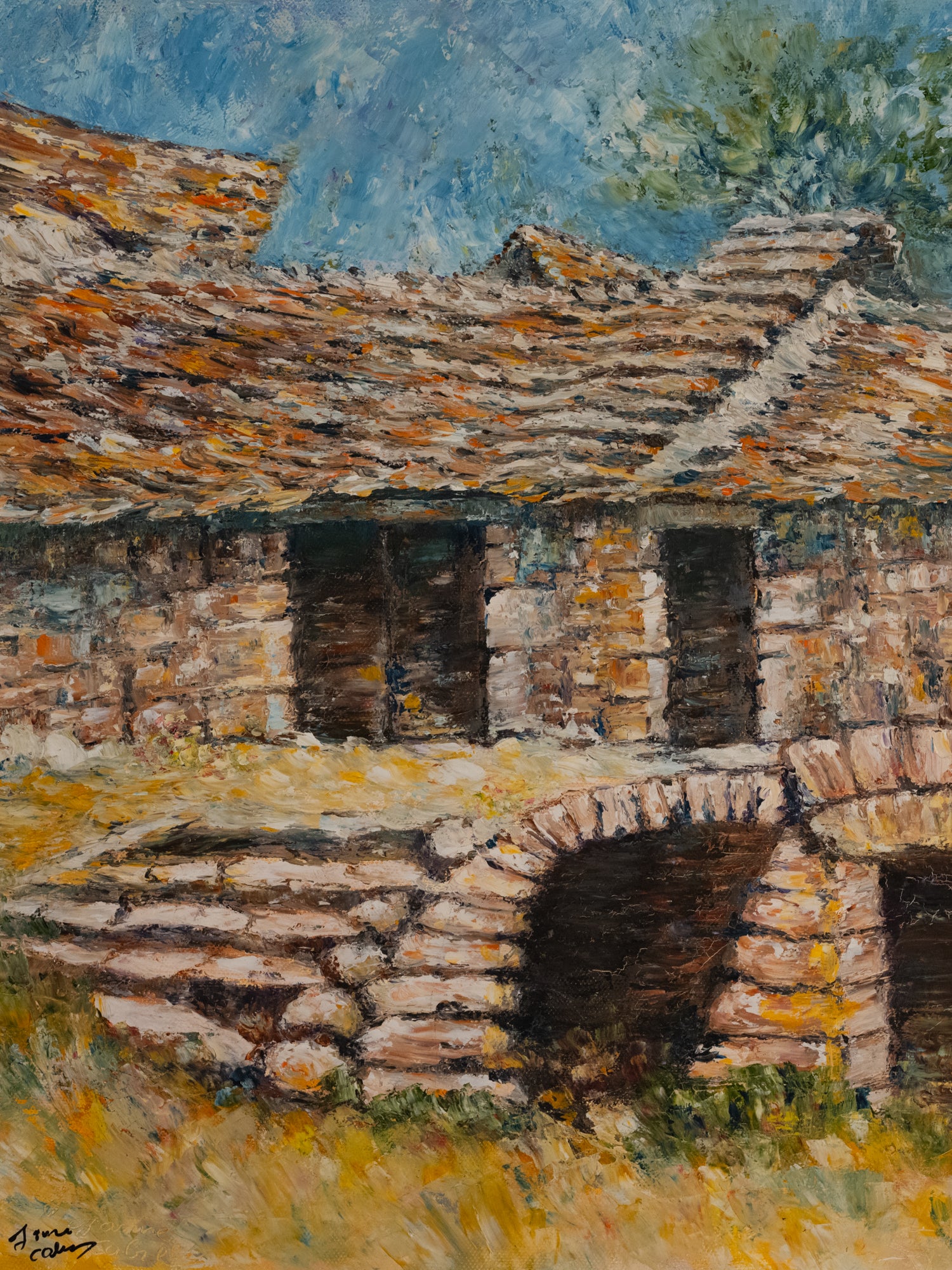 Vintage French Art | Janine | Brick House Stairs| Framed