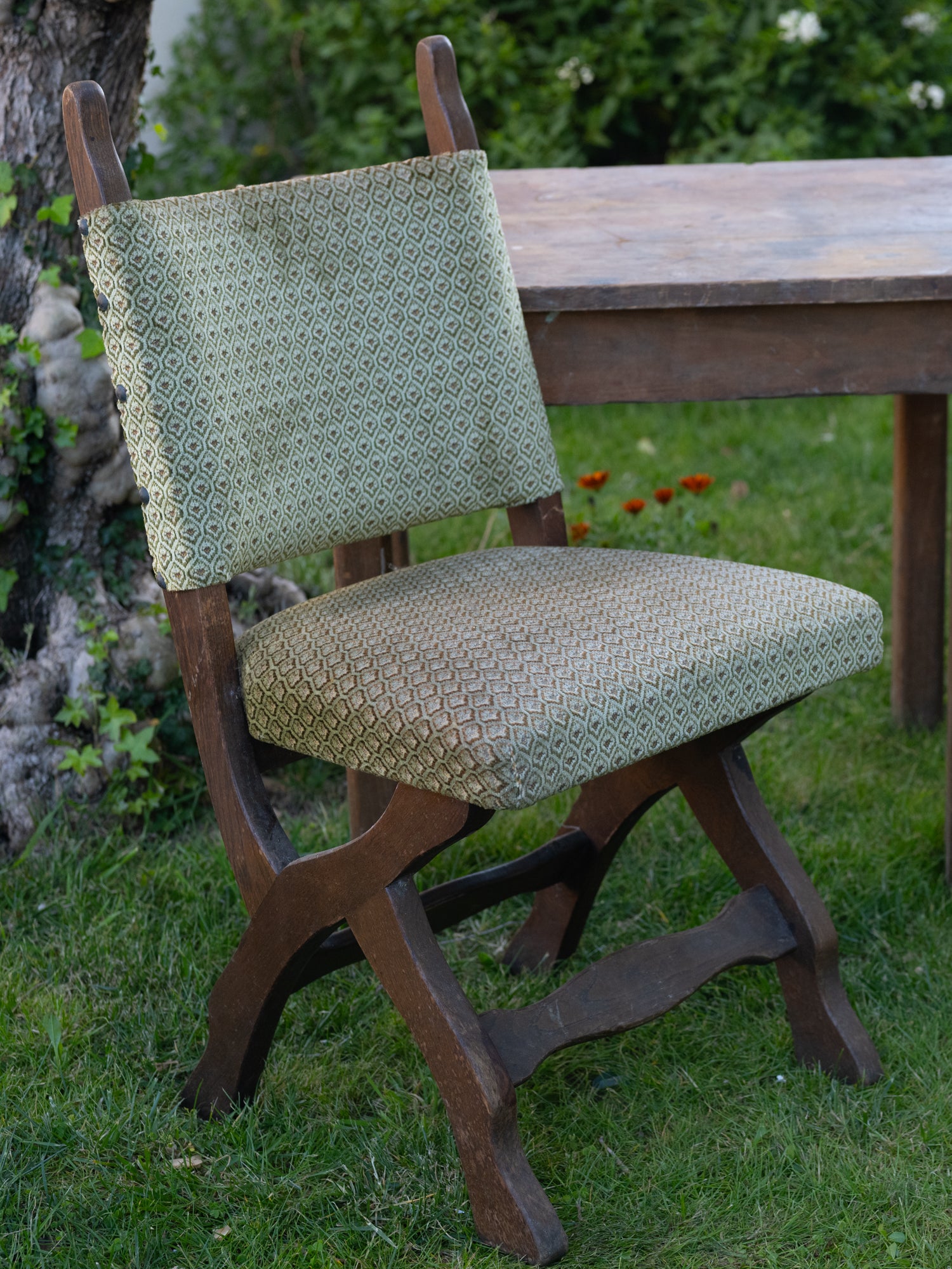 Vintage Gothic Revival Folding Chair | Velvet Upholstered