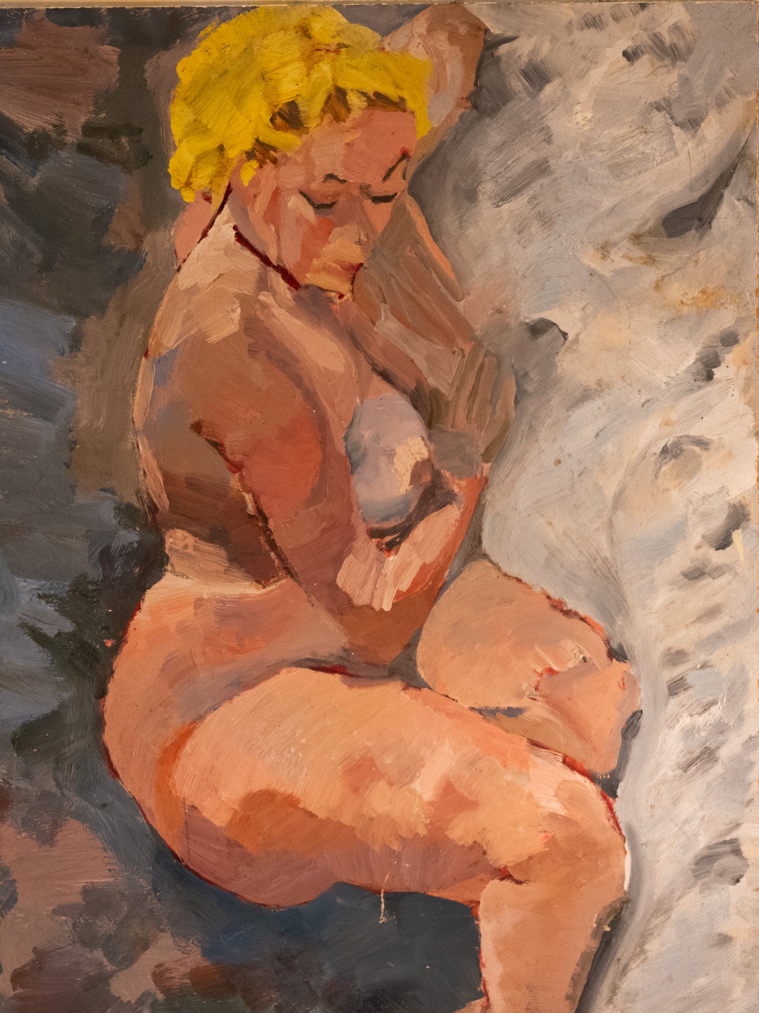 Vintage French Art | Blonde Nude on Blue | Framed